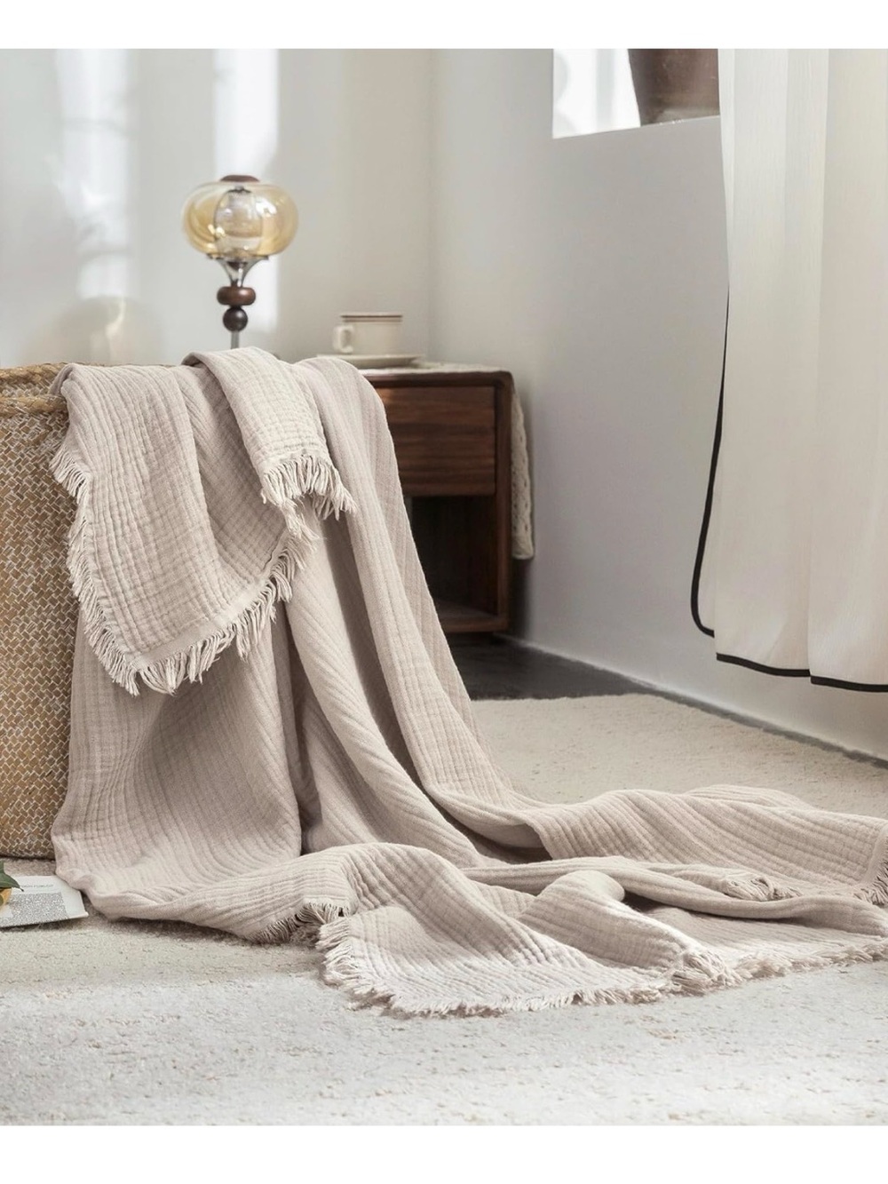 Neutral Beige Cotton Throw Blanket with Fringe - Home Bedding